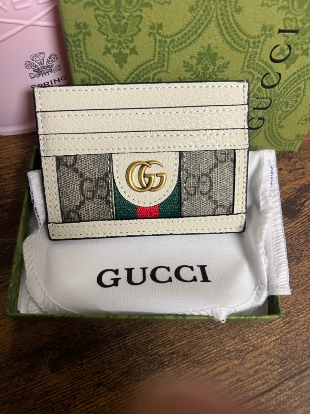 Gucci GG Supreme Card Holder in Beige and White with Brown Logo